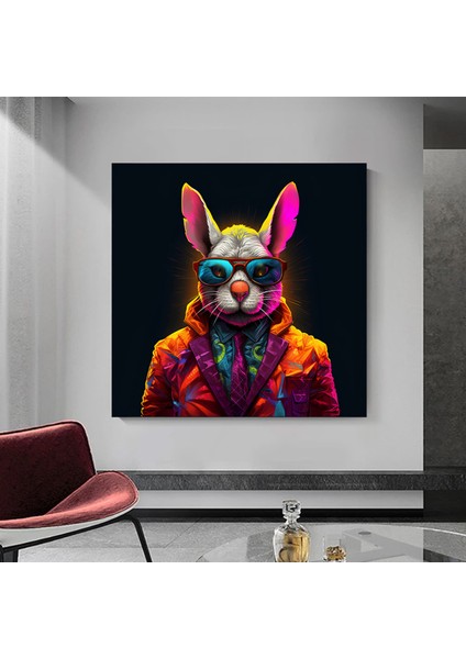 Renkli Tavşan Tablosu, Takım Elbiseli Gözlüklü Sevimli Tavşan Duvar Sanatı indirimleri