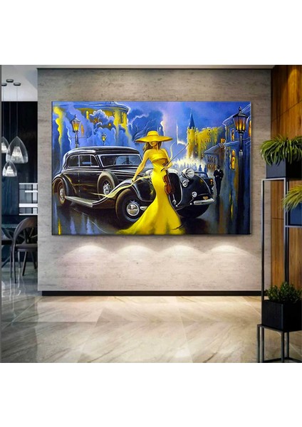 Sarı Elbiseli Kadın Tablosu; Modern Sanat; Nostaljik Araba Duvar Dekoru; Yaşlı Kadınlı Klasik Araba