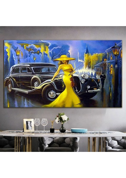 Sarı Elbiseli Kadın Tablosu; Modern Sanat; Nostaljik Araba Duvar Dekoru; Yaşlı Kadınlı Klasik Araba fiyatları