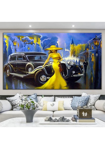 Sarı Elbiseli Kadın Tablosu; Modern Sanat; Nostaljik Araba Duvar Dekoru; Yaşlı Kadınlı Klasik Araba modelleri