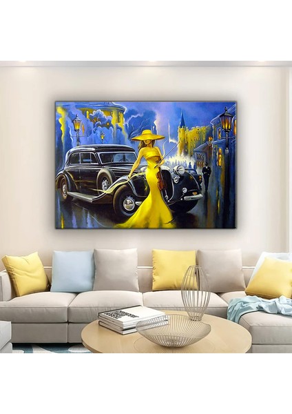 Sarı Elbiseli Kadın Tablosu; Modern Sanat; Nostaljik Araba Duvar Dekoru; Yaşlı Kadınlı Klasik Araba indirimleri
