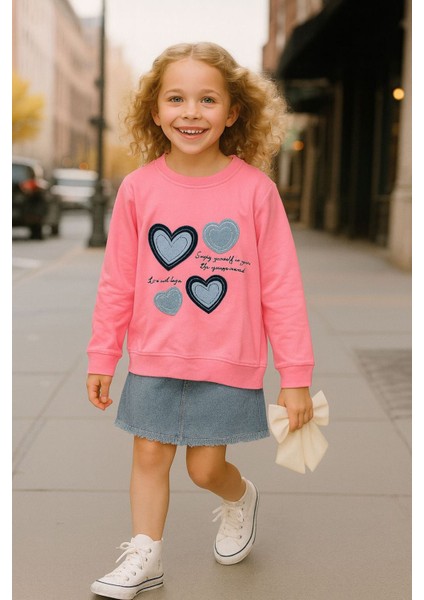 Kalp Desenli Kız Çocuk sweat - Açık Pembe