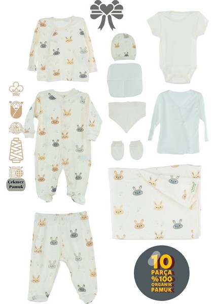 Erkek Bebek Yeni Doğan 10 Lu Zıbın Seti 0-3 Aylık %100 Organik Pamuk Yumuşak TEBGB50KREM03