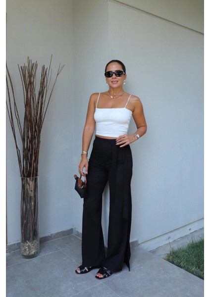 Siyah Bel Bağlama Detay Pantolon