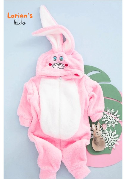 Welsoft Kız Pembe Tavşan Yumuşak Peluş Fermuarlı Bebek Tulumu - 3 Yaş