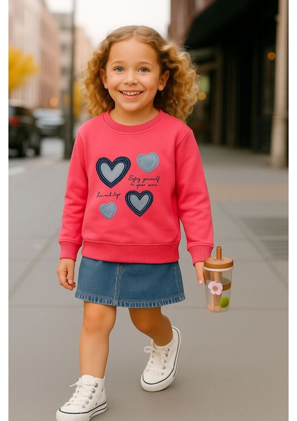 Kalp Desenli Kız Çocuk sweat - Koyu Pembe