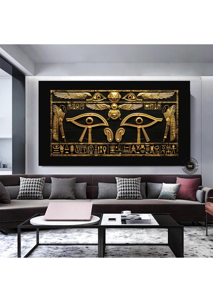 Siyah Zeminli Antik Mısır Hiyeroglifleri Duvar Dekoru; Ra'nın Gözü Kanvası; Incelikli Sembolik Sanat