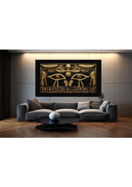 Siyah Zeminli Antik Mısır Hiyeroglifleri Duvar Dekoru; Ra'nın Gözü Kanvası; Incelikli Sembolik Sanat fiyatları