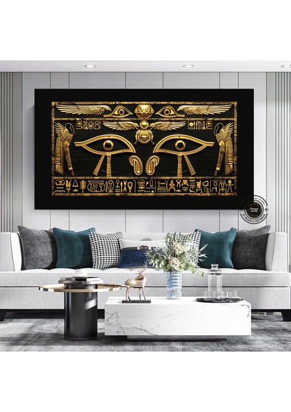 Siyah Zeminli Antik Mısır Hiyeroglifleri Duvar Dekoru; Ra'nın Gözü Kanvası; Incelikli Sembolik Sanat modelleri