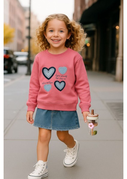 Kalp Desenli Kız Çocuk sweat - Gül Kurusu