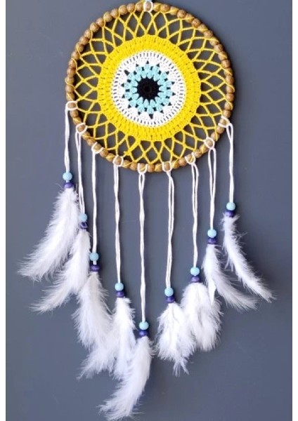 Nazar Boncuğu Motifli Düş Kapanı El Yapımı Sarı Duvar Süsü