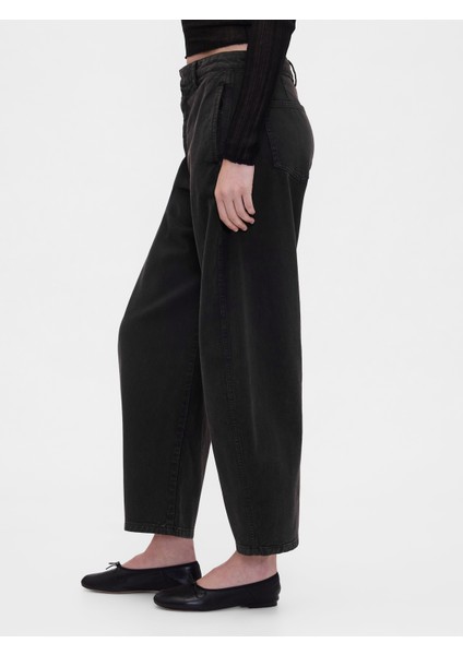 Kadın Siyah Mid Rise Twill Barrel Pantolon
