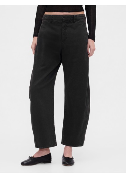 Kadın Siyah Mid Rise Twill Barrel Pantolon