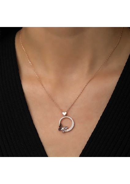Gümüş Rose Kalpli Kelebek Çemberi Kolye modelleri