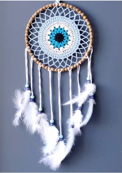 Nazar Boncuğu Motifli El Yapımı Buz Mavisi Renginde Düş Kapanı Duvar Süsü