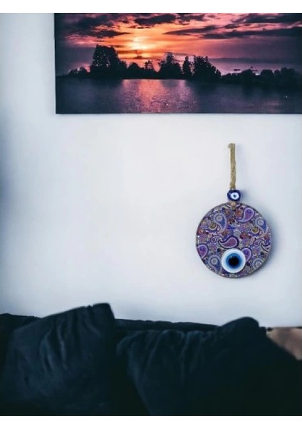 Mandala Desen Mavi Mor Nazar Boncuklu Füzyon Cam El Işçiliği 12 cm Duvar Süsü Nazarlık Hediyelik Eşya