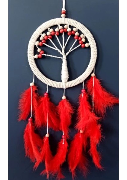 Kırmızı Kuş Tüylü Hayat Ağacı Düş Kapanı Duvar Süsü