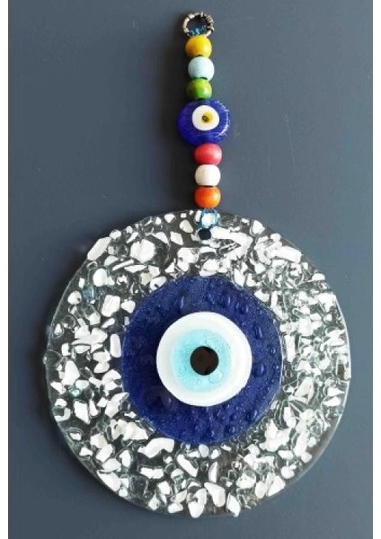 Mavi Nazar Boncuklu Beyaz Kesme Cam Desenli Duvar Süsü Nazarlık
