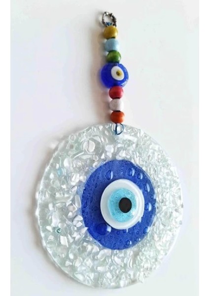 Mavi Nazar Boncuklu Beyaz Kesme Cam Desenli Duvar Süsü Nazarlık modelleri
