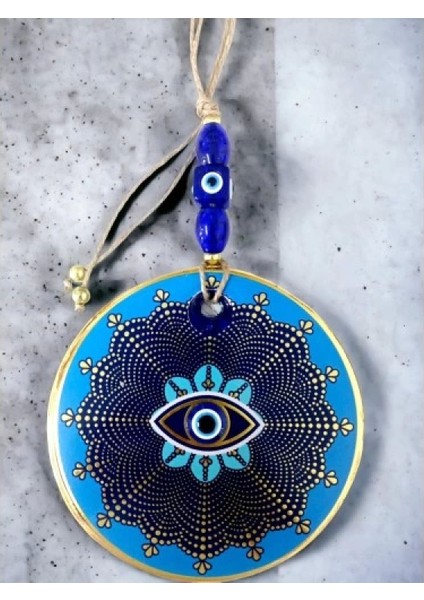 Mavi Cam Üstü Altın Puantiyeli Göz Nazar Boncuklu Duvar Süsü