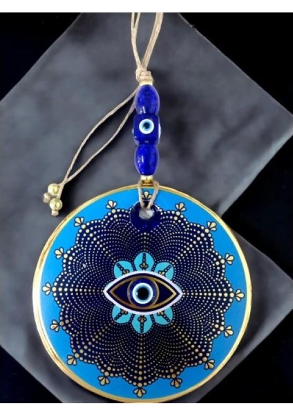 Mavi Cam Üstü Altın Puantiyeli Göz Nazar Boncuklu Duvar Süsü indirimleri