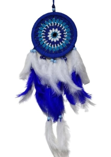 Nazar Boncuğu Desenli Bol Kuş Tüylü Lacivert Dream Catcher El Yapımı Duvar Dekoru