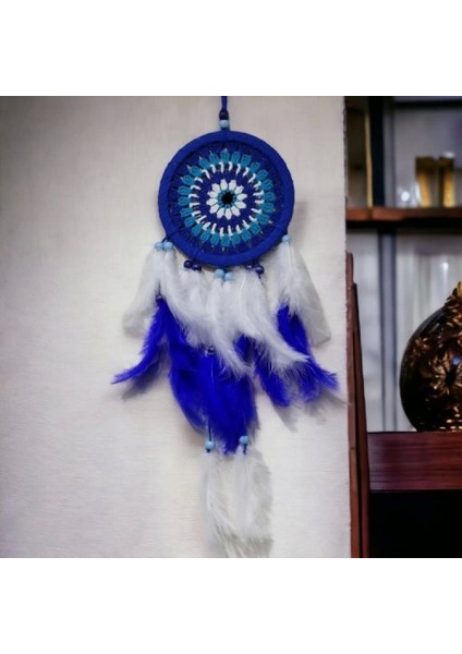 Nazar Boncuğu Desenli Bol Kuş Tüylü Lacivert Dream Catcher El Yapımı Duvar Dekoru fırsatları