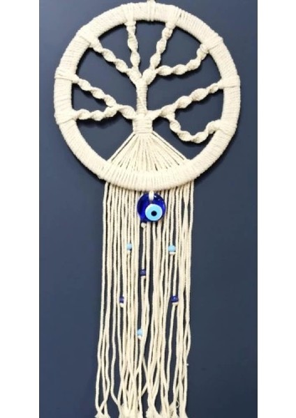 Nazar Boncuklu Ekru Renk Makrome Hayat Ağacı Duvar Süsü