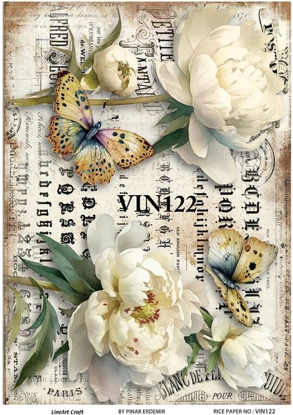 Vintage Desen VIN122 Çiçek, Kelebek Desenli 30*42 cm Pirinç Dekopaj