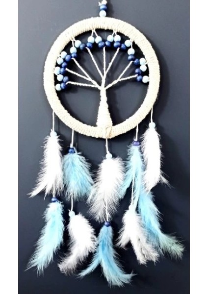 Mavi Beyaz Kuş Tüylü Hayat Ağacı Düş Kapanı Duvar Süsü