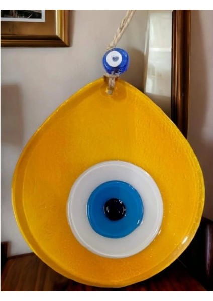 Mavi Nazar Boncuklu Şeffaf Bal Renk Nazar Boncuklu Damla Desen El Yapımı Duvar Süsü