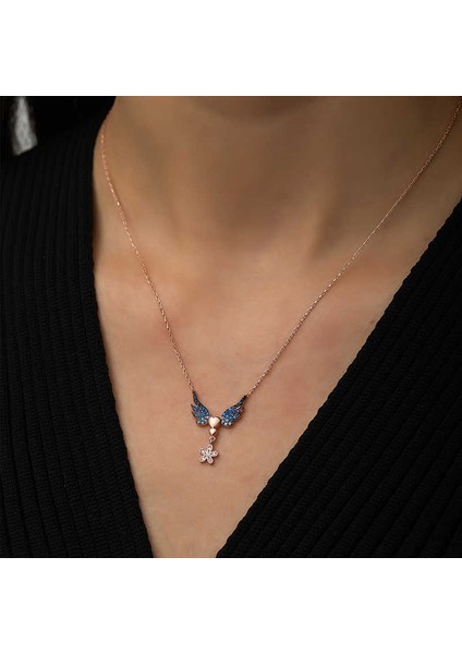 Gümüş Rose Çiçekli Kanatlı Kalpli Kolye fiyatları