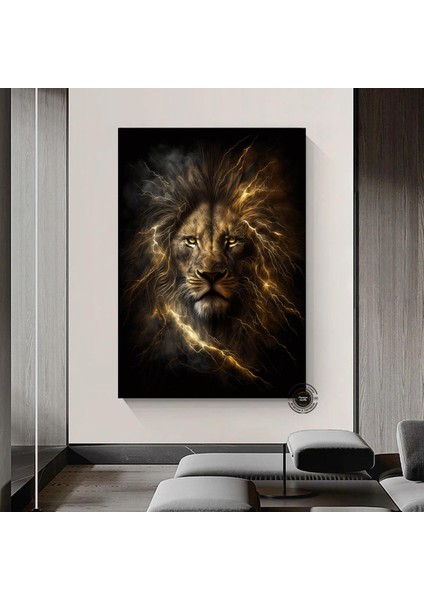 Aslan Kral Duvar Sanatı; Siyah-Altın Soyut Aslan Tablosu; Dev Boy Kanvas; Oyun Odası Dekoru; Asmaya
