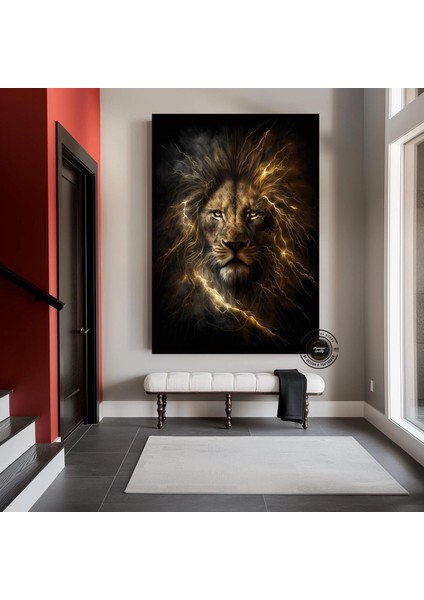 Aslan Kral Duvar Sanatı; Siyah-Altın Soyut Aslan Tablosu; Dev Boy Kanvas; Oyun Odası Dekoru; Asmaya fiyatları