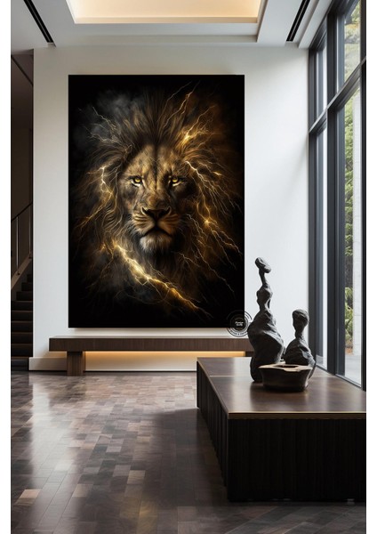 Aslan Kral Duvar Sanatı; Siyah-Altın Soyut Aslan Tablosu; Dev Boy Kanvas; Oyun Odası Dekoru; Asmaya fırsatları