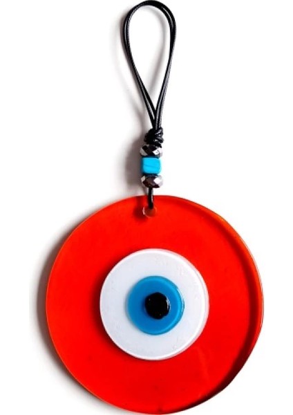 Mavi Nazar Boncuklu El Yapımı Deri Ipli Turuncu Renk Şeffaf Cam Duvar Süsü