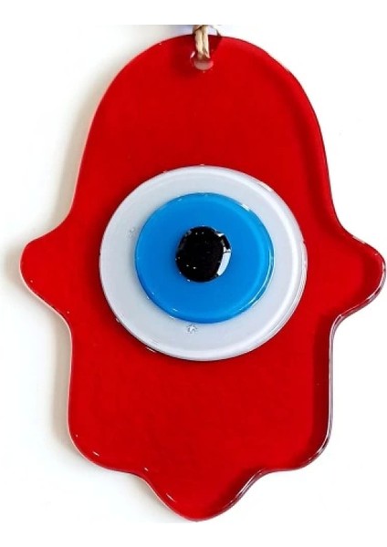 Nazar Boncuklu Kırmızı Renk Fatma Ana Bereket Eli Cam Duvar Süsü