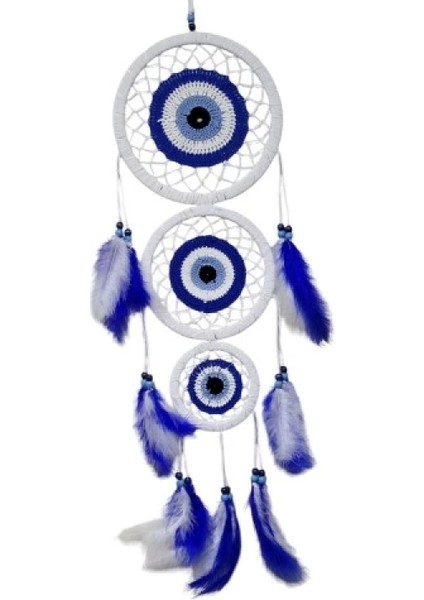 Nazar Motifli Üç Çemberli Kuş Tüylü Beyaz Duvar Süsü