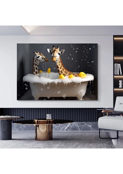 Küvette Zürafa, Komik Hayvan Tablosu, Renkli Bebek Zürafa Portresi, Ev Dekoru