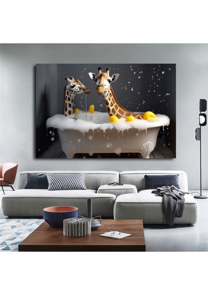 Küvette Zürafa, Komik Hayvan Tablosu, Renkli Bebek Zürafa Portresi, Ev Dekoru modelleri