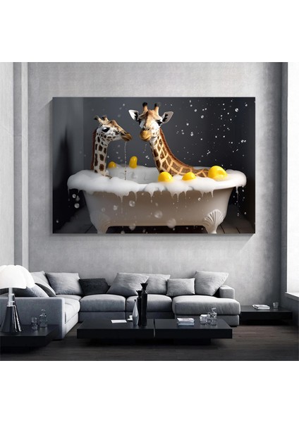 Küvette Zürafa, Komik Hayvan Tablosu, Renkli Bebek Zürafa Portresi, Ev Dekoru