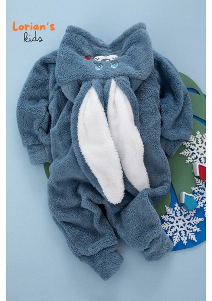 Welsoft Lacivert Tavşan Unisex Yumuşak Peluş Fermuarlı Bebek Tulumu - 3 Yaş