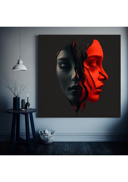 Iki Yüz 3D Kırmızı ve Gri Tarzda Soyut Sanat. Kanvas Duvar Dekoru, Minimalist Kadın Kanvas Tablosu fiyatları