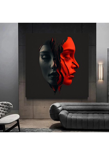 Iki Yüz 3D Kırmızı ve Gri Tarzda Soyut Sanat. Kanvas Duvar Dekoru, Minimalist Kadın Kanvas Tablosu modelleri
