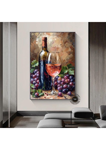 Şarap Şişesi ve Kadehi Temalı Kanvas, Kırmızı Şarap Duvar Sanatı, Asılmaya Hazır
