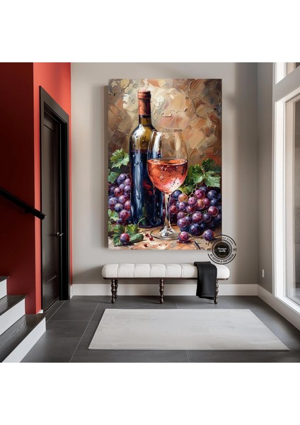 Şarap Şişesi ve Kadehi Temalı Kanvas, Kırmızı Şarap Duvar Sanatı, Asılmaya Hazır modelleri