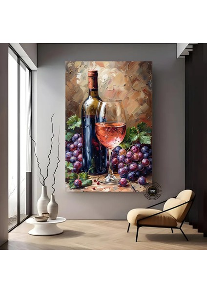 Şarap Şişesi ve Kadehi Temalı Kanvas, Kırmızı Şarap Duvar Sanatı, Asılmaya Hazır