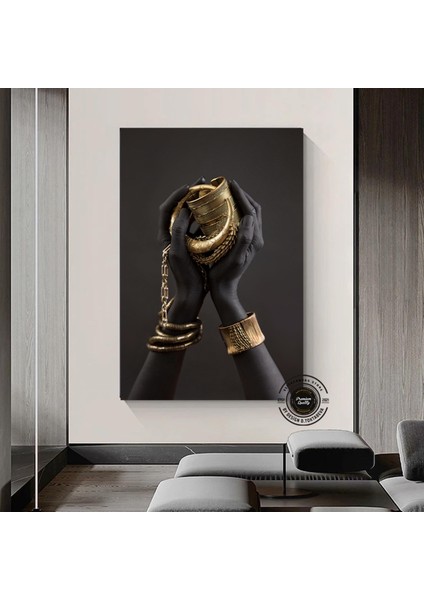 Afrikalı Kadın Kanvası, Altın ve Siyah Renklerde Dikey Kadın Portresi, El Temalı Sanat