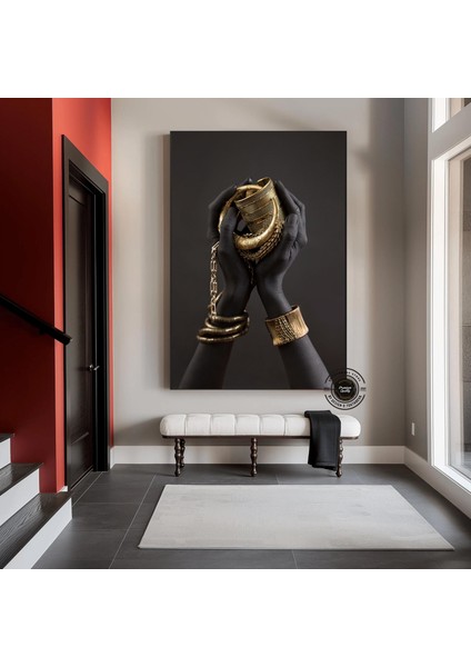 Afrikalı Kadın Kanvası, Altın ve Siyah Renklerde Dikey Kadın Portresi, El Temalı Sanat fiyatları