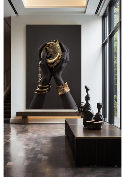 Afrikalı Kadın Kanvası, Altın ve Siyah Renklerde Dikey Kadın Portresi, El Temalı Sanat modelleri